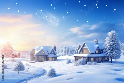 Snowy homes in a winter background with the year 2019. Generative AI © Marisela