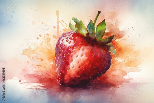 Artistic depiction of a strawberry with watercolor technique. Generative AI