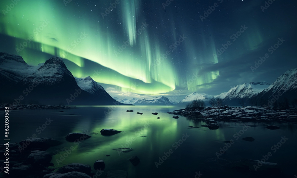 Aurora Celestial Beauty in Nature Illuminated Polar Landscape