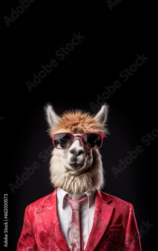 Cool looking llama or alpaca wearing funky fashion dress - jacket, tie, glasses. Vertical banner with empty copy space above. Stylish animal posing as supermodel. Generative AI