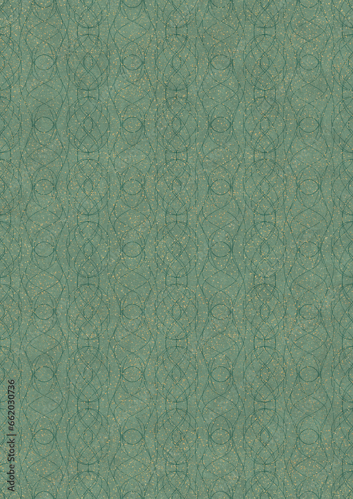 Hand-drawn unique abstract seamless ornament. Dark green on light cold green background, with splatters of golden glitter. Paper texture. Digital artwork, A4. (pattern: p10-1f) Hand-drawn unique abstract seamless ornament. Dark green on light cold green background, with splatters of golden glitter. Paper texture. Digital artwork, A4. (pattern: p10-1f)