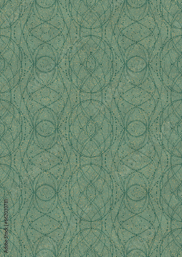 Hand-drawn unique abstract seamless ornament. Dark green on light cold green background, with splatters of golden glitter. Paper texture. Digital artwork, A4. (pattern: p10-2e) © Maria