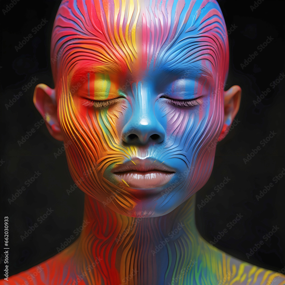 young woman with colorful head. AI generated.