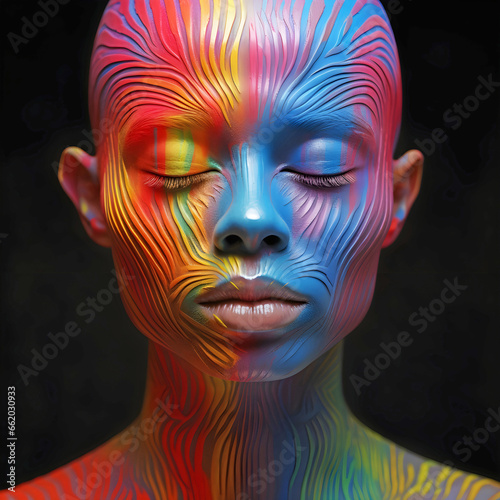 young woman with colorful head. AI generated.