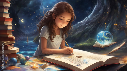 Girl reading a book as the canvas for creativity, with an evolving fantasy world encouraging readers to explore their own imaginative abilities.