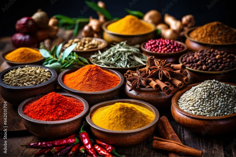 Spices and herbs on wooden background. An assortment of aromatic spices and herbs. Food and cuisine ingredients.