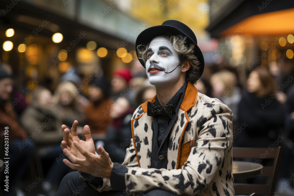 An expressive mime artist performing in a bustling city square, delighting passersby with silent humor. Concept of street performance and physical storytelling. Generative Ai.