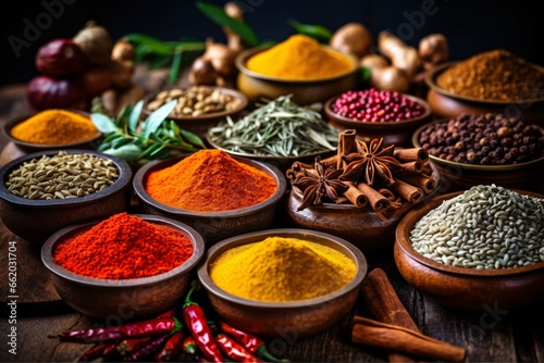 Obraz na płótnie Spices and herbs on wooden background. An assortment of aromatic spices and herbs. Food and cuisine ingredients. w salonie
