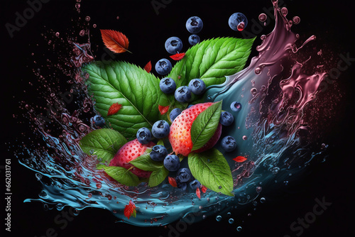 Different berries in splashes of water on a dark background. Generative AI.