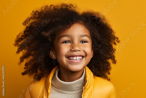  8 year old black girl, Studio shot of a cheerful, cheerful woman happily. Isolated on bright background photo
