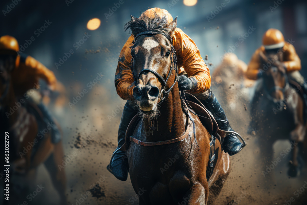 A talented jockey skillfully guiding a powerful racehorse to victory at the racetrack. Concept of horse racing and equestrian skill. Generative Ai.