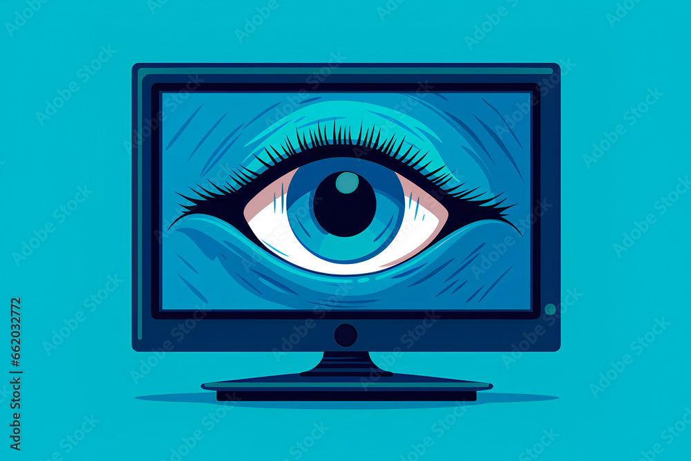 computer monitor with one open blue eye on the screen representing the lack of privacy nowadays, light blue background, no privacy on social media computer monitor with one open blue eye on the screen representing the lack of privacy nowadays, light blue background, no privacy on social media