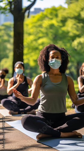 Embracing Wellness Amidst Pandemic Women Engaging in Socially Distanced Yoga at Park