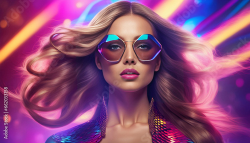Fashionable futuristic beautiful girl at a disco with flying hair. Futuristic pop art fashionista