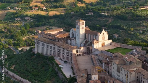 Aerial view of the Saint Francis Basilica in Assisi, in the Province of Perugia, in the Umbria region of Italy