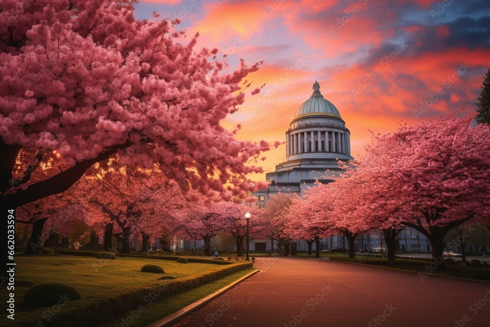 The beautiful Oregon State Capitol building adorned with vibrant spring scenery. Generative AI