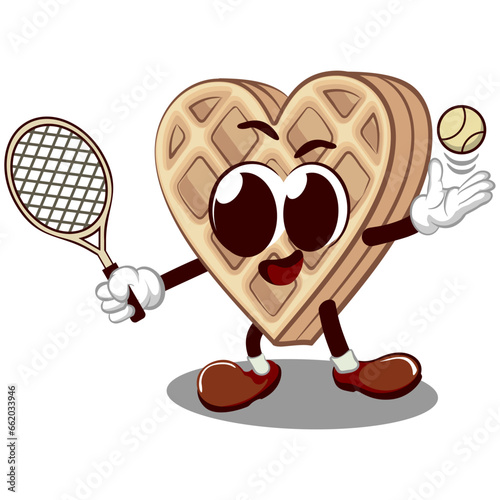vector mascot character from waffle cake heart shaped playing tennis with ball and racket