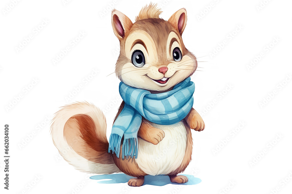 Fototapeta premium Cute smiling chipmunk with scarf Chibi style watercolor kids, neutral light blue colors, white background