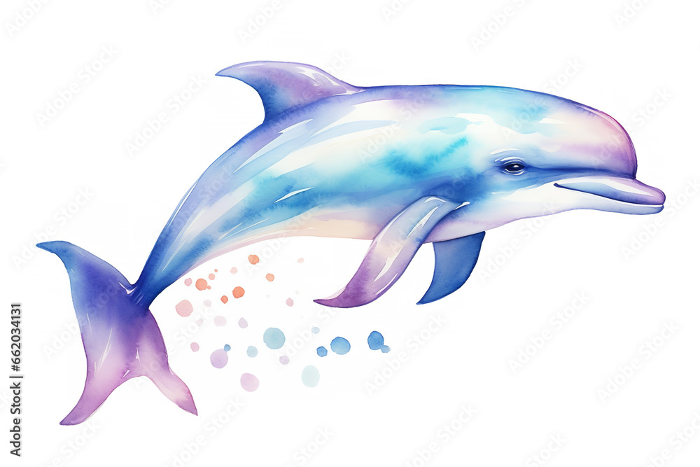 Fototapeta premium cute underwater dolphin, holographic watercolor colors, cartoon, white background