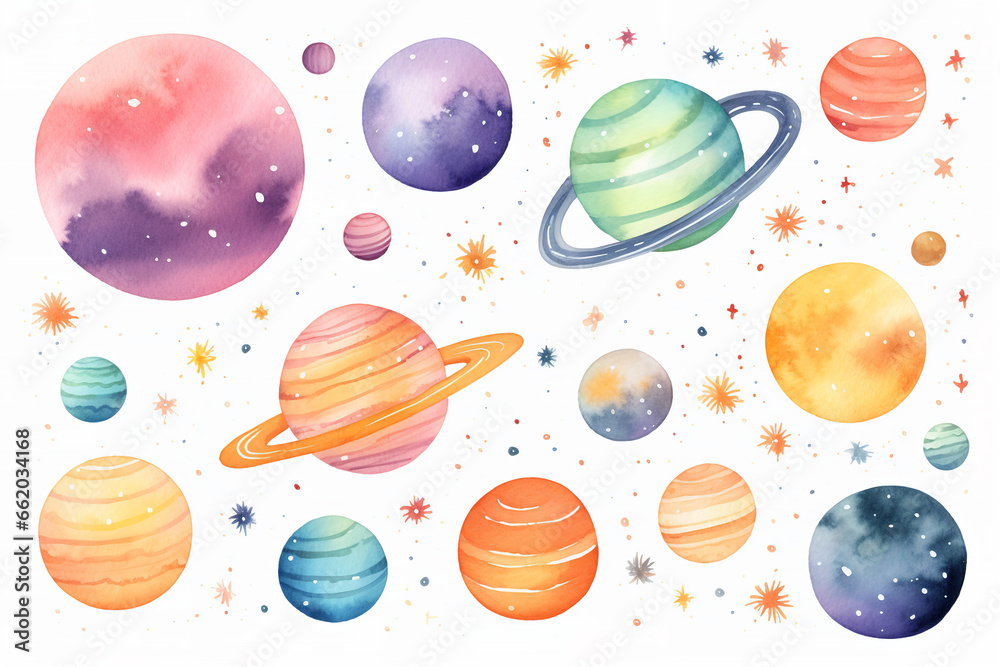 cute watercolor planets in space background