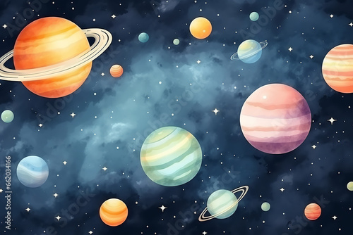 cute watercolor planets in space background