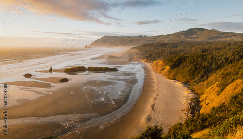 Drone style photo of Oregon Beaches at sunset, near Coos Bay and Medford Oregon  photo