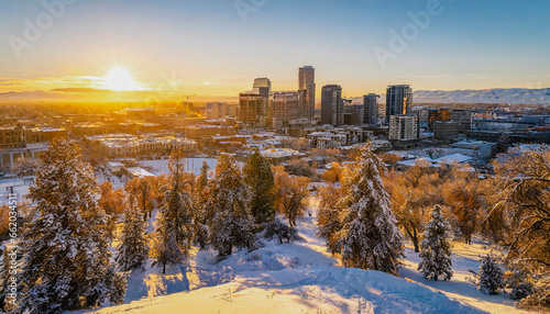 Drone photo of Boise Idaho in winter, near where the hills meet the city