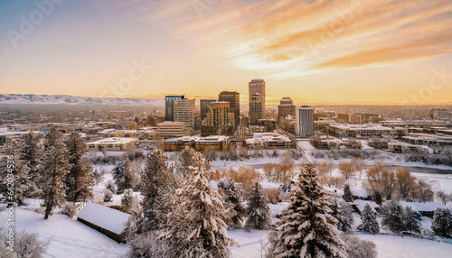 Drone photo of Boise Idaho in winter, near where the hills meet the city photo