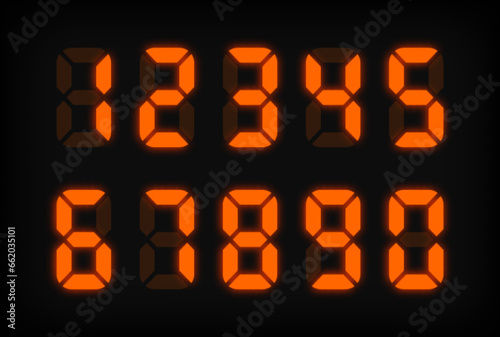 Orange electronic numbers on black background. LED clock. Digital Watch. Electronic dial. Digital alarm clock. Vector illustration