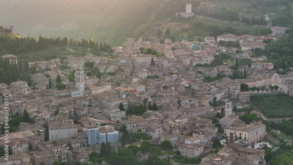 Assisi medieval town, Italy, aerial view at sunrise, Perugia, Umbria Italy Assisi medieval town, Italy, aerial view at sunrise, Perugia, Umbria Italy
