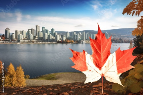 the name of the Canadian city Port Alberni in the province British Columbia in front of a photo with the Canadian maple leaf. Generative AI photo