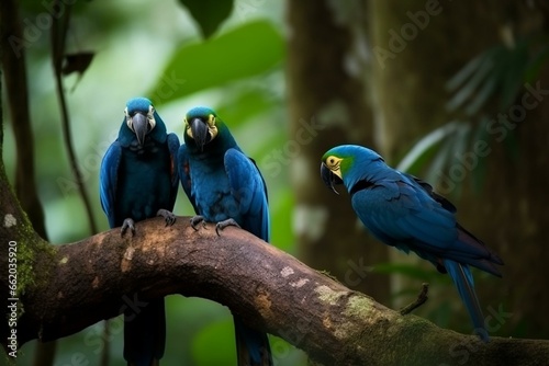 Two blue parrots on a tree in the jungle. Generative AI