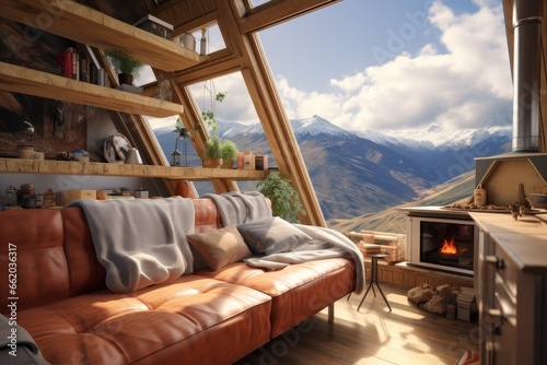 Unique Living Room Interior with Fireplace and Leather Orange Couch, Open Mountain Views in Fall with Blue Sky and Clouds, Throw Blankets © Bryan