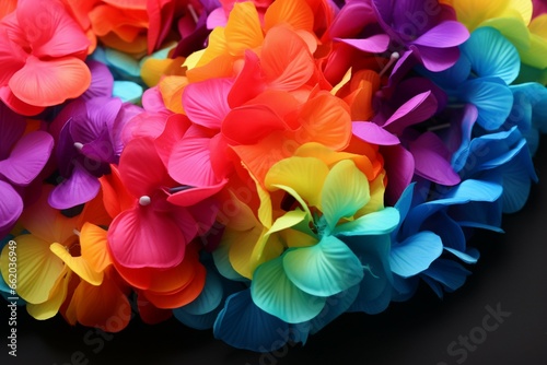 Colorful artificial lei in vibrant rainbow hues, perfect for festive celebrations © shaista