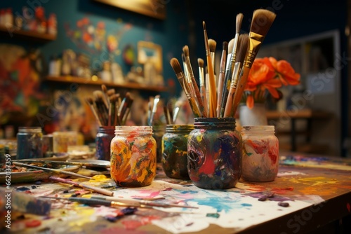 In an artist's studio, paints and brushes await creative expression