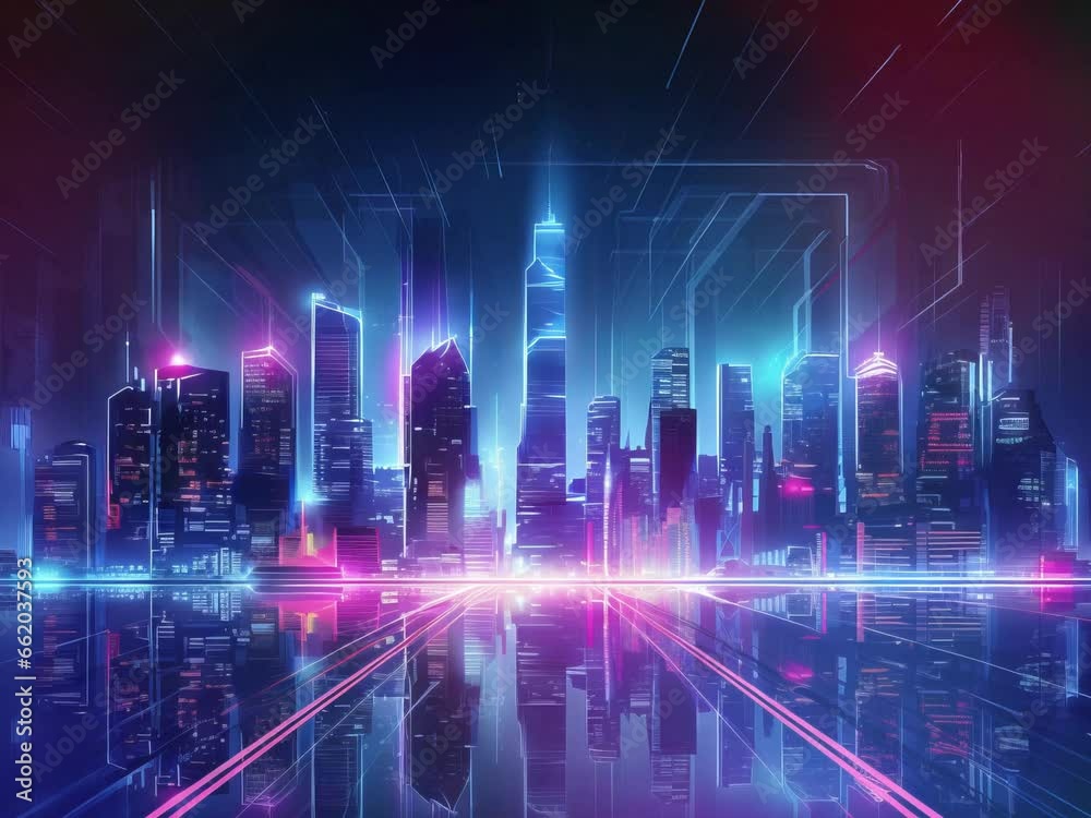 Night city skyline landscape on neon style animation. Seamless loop 4k resolution. Background for business and advertising. Night city skyline landscape on neon style animation. Seamless loop 4k resolution. Background for business and advertising.