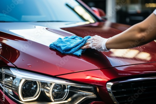 Man's hand with a red microfiber cloth, meticulously detailing a blue luxury car © shaista