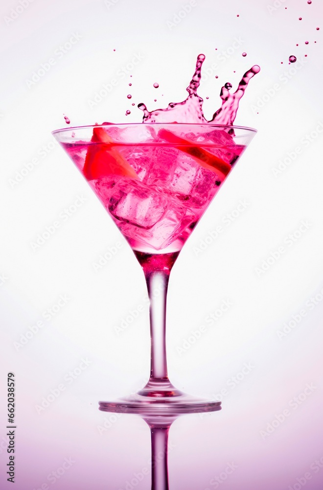 Glass of cosmopolitan cocktail on white background. Red alcoholic drink in a martini glass. Glass of cosmopolitan cocktail on white background. Red alcoholic drink in a martini glass.