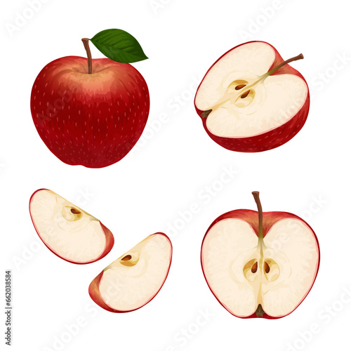 Red Apple. Set of red apples isolated on a white background. Whole and sliced apple.