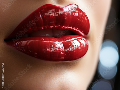 Wunderschöne sexy rote Lippen mit Gloss einer Frau Nahaufnahme, ai generativ
