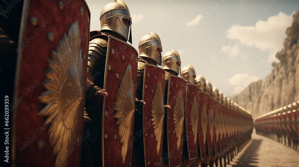 a wall of ancient roman soldiers marching to battle in the testudo formation - obrazy, fototapety, plakaty 