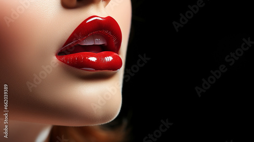 Wundersch  ne sexy rote Lippen einer Frau mit Z  hne Nahaufnahme Querformat  ai generativ