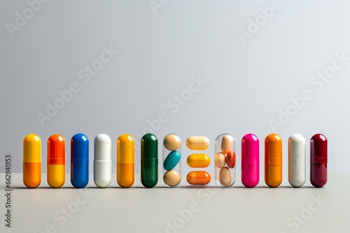 Various medicine capsules on a blank backdrop. Generative AI photo