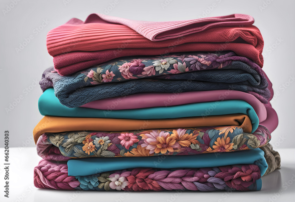 Neat stack of simple clothes folded isolated on white background, clothing folding concept, Neat stack of simple clothes folded isolated on white background, clothing folding concept,