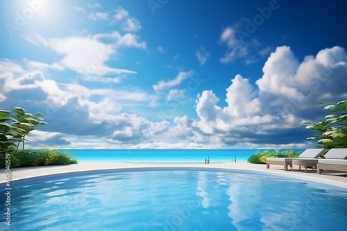 Beach pool & sky - summer vacation, relaxing landscape for design projects. Generative AI
