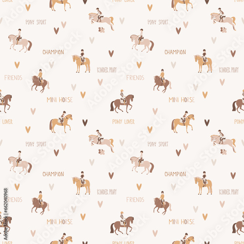 Fototapeta Naklejka Na Ścianę i Meble -  Cute kids riding ponies, seamless vector pattern