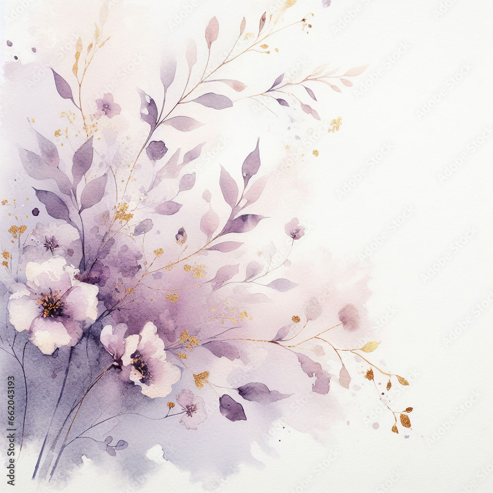 Watercolor paint texture in pastel purple colors with golden details. Wedding card illustration with small flower and branch ornaments. Delicate floral template with copy space. Generative AI