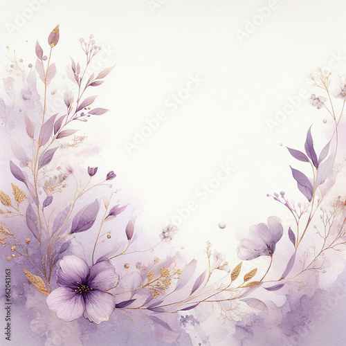 Watercolor paint texture in pastel purple colors with golden details. Wedding card illustration with small flower and branch ornaments. Delicate floral template with copy space. Generative AI