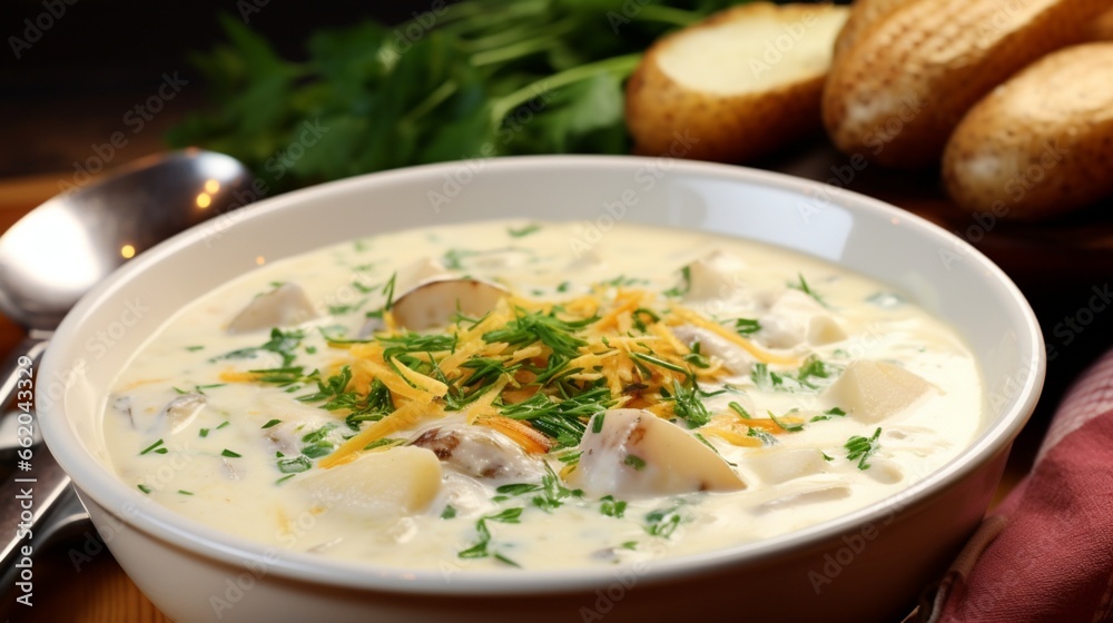 A bowl of creamy clam chowder, filled with plump clams and hearty chunks of potatoes. A bowl of creamy clam chowder, filled with plump clams and hearty chunks of potatoes.