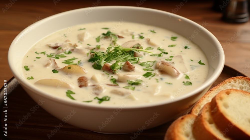 A bowl of creamy clam chowder, filled with plump clams and hearty chunks of potatoes.